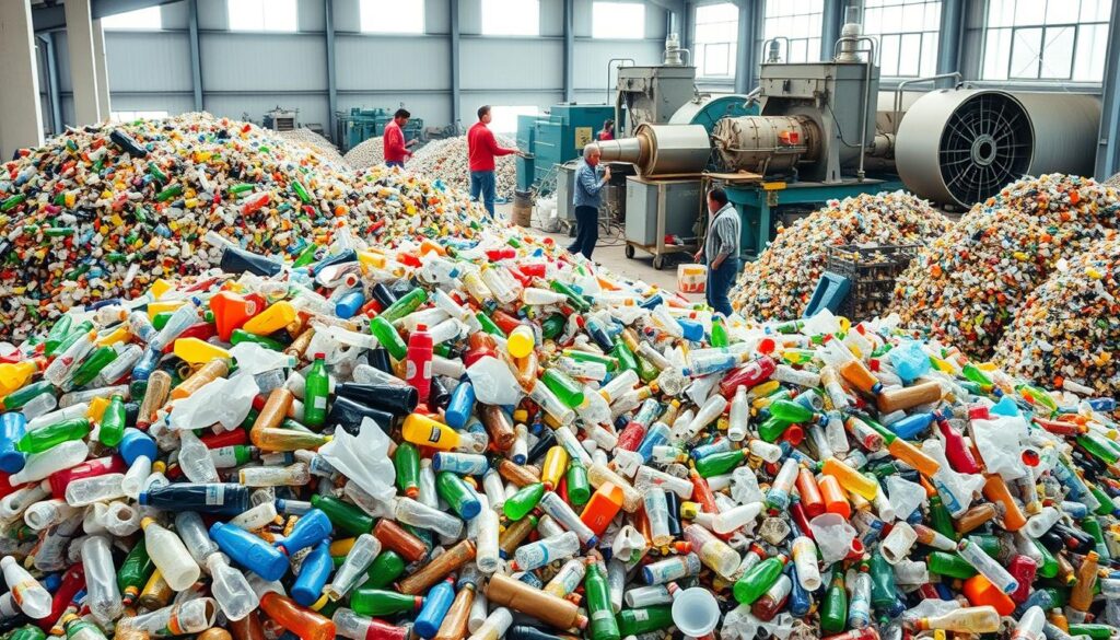 A bustling recycling center, where piles of discarded plastic bottles, containers, and bags are meticulously sorted and processed. In the foreground, workers deftly handle the colorful waste, separating it by type and preparing it for the next stage of the recycling cycle. The middle ground showcases the mechanical equipment, grinding and shredding the plastic into flakes or pellets, ready to be melted and reborn as new products. In the background, a modern, well-lit facility with large windows, allowing natural light to flood the space and highlight the efficient, eco-friendly operations. The scene conveys a sense of purpose and environmental stewardship, as the community comes together to reduce plastic waste and create a more sustainable future.