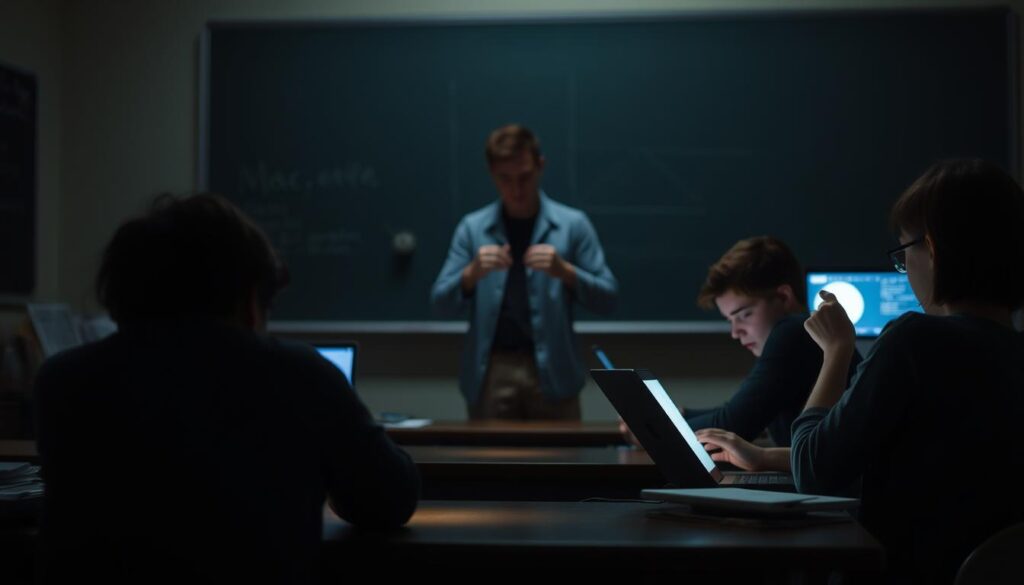A dimly lit classroom, the chalkboard faintly visible in the background. In the foreground, a student sits hunched over a laptop, their face illuminated by the screen's glow. Beside them, another student struggles to connect to the spotty Wi-Fi, their expression one of frustration. In the middle ground, a teacher attempts to manage the hybrid learning environment, juggling both in-person and remote students. The lighting is low, creating a sense of tension and unease, highlighting the challenges of this mixed learning system.