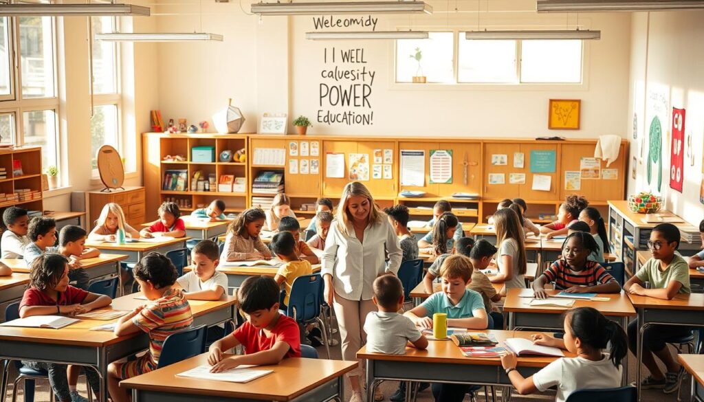 A diverse classroom filled with students of various ages, ethnicities, and abilities, seated at desks and engaged in collaborative learning activities. The scene is illuminated by warm, natural lighting filtering through large windows, creating a welcoming and inclusive atmosphere. In the foreground, a teacher moves among the students, guiding and encouraging them. The middle ground showcases a mix of tactile educational materials, visual aids, and technology-enabled resources, reflecting a multifaceted approach to learning. In the background, inspirational wall displays and artwork celebrate the value of diversity and the power of inclusive education.