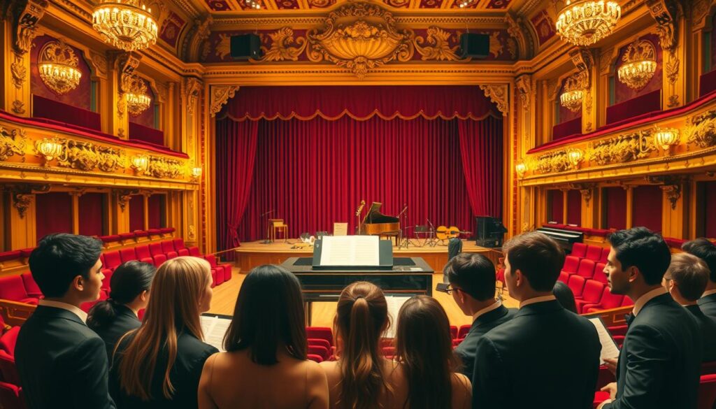 A grand, ornate concert hall with plush, red velvet seats and gilded, intricate architecture. On the stage, a grand piano takes center stage, surrounded by music sheets, a conductor's baton, and various musical instruments. Warm, golden lighting illuminates the scene, creating a sense of grandeur and artistic inspiration. In the foreground, a group of students, dressed in formal attire, appear to be discussing a scholarship opportunity, their expressions filled with excitement and determination. The overall atmosphere conveys the prestige and excellence of the finest music scholarship programs.