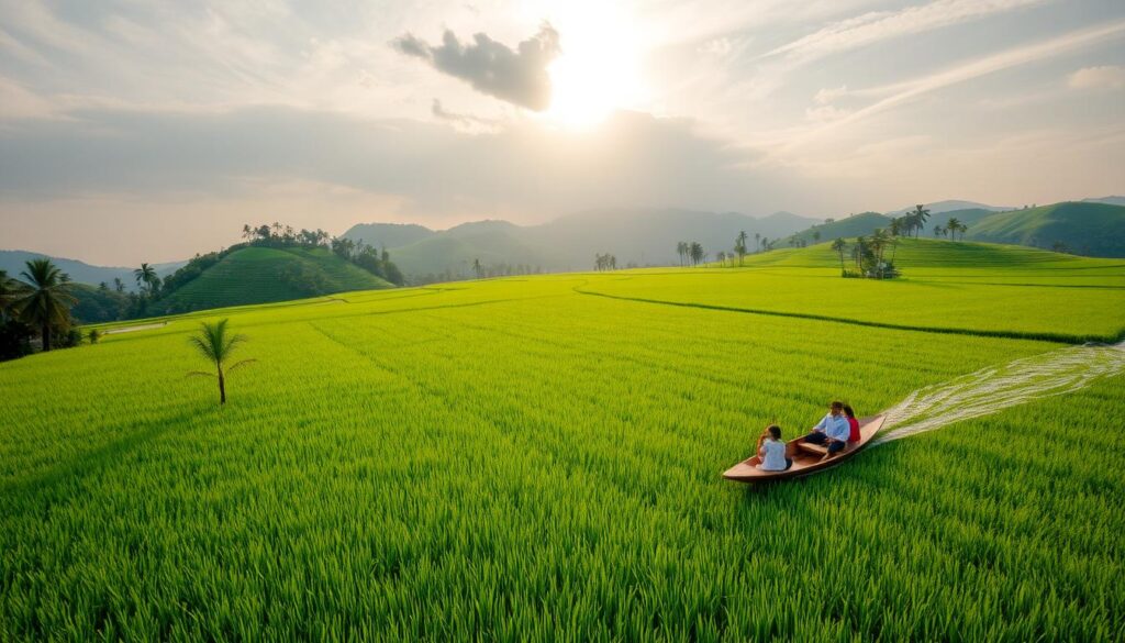 A serene, aerial view of a lush, verdant rice paddy field, gently crisscrossed by a wooden boat carrying a small group of travelers. The sun's golden rays filter through wispy clouds, casting a warm, dreamy glow over the tranquil scene. In the distance, verdant hills rise up, their slopes dotted with swaying palm trees. The boat's occupants, dressed in traditional Indonesian attire, gaze out in wonder at the picturesque landscape, capturing the essence of a unique and captivating "wisata kapal sawah" experience. The composition is balanced, with the boat's graceful lines and the paddy field's rhythmic patterns creating a harmonious, visually striking image.