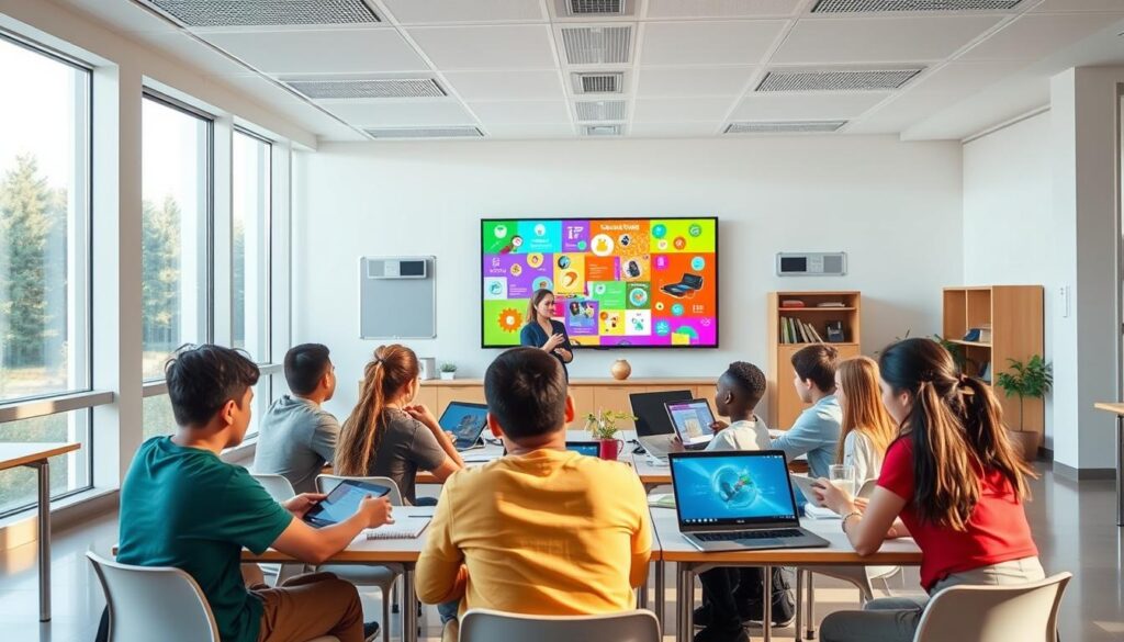 A serene, modern classroom with an abundance of natural light streaming through large windows. In the foreground, a diverse group of students engaged in collaborative activities, using a mix of digital devices and traditional learning materials. The middle ground showcases a teacher guiding the class, seamlessly integrating both online and in-person instruction. In the background, a vibrant display of colorful, interactive digital content projected onto a sleek, high-resolution screen, complementing the tactile learning environment. The atmosphere is one of focused productivity, with a sense of balance between the digital and physical realms, reflecting the harmonious nature of hybrid learning.