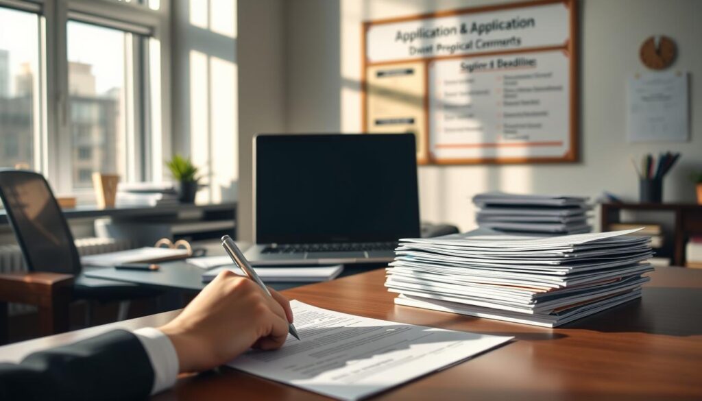 A serene office scene with a desk, laptop, and assorted stationery. Soft, natural lighting filters through a window, casting gentle shadows. In the foreground, a hand fills out a form on the desk, symbolizing the registration process. The middle ground features a stack of documents, representing the required application materials. In the background, a bulletin board displays program details and deadlines, providing context. The overall atmosphere conveys a sense of focused, organized, and professional application preparation.