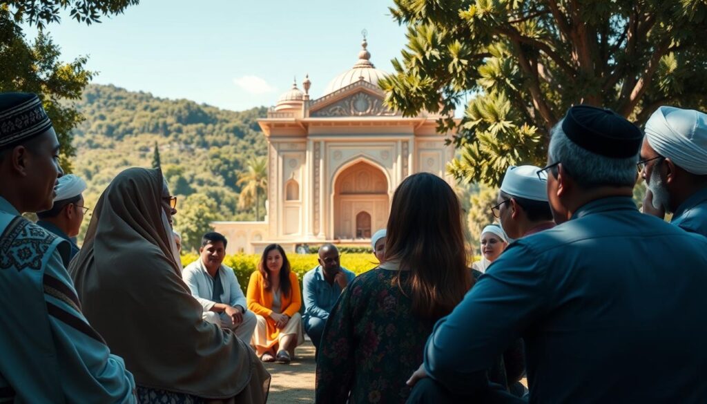 A serene, sun-dappled scene of a diverse community gathered in peaceful dialogue. In the foreground, people of various faiths and backgrounds sit in a circle, their expressions thoughtful and open. The middle ground features a striking architectural structure, its ornate design reflecting the blending of cultural and religious influences. In the background, a lush, verdant landscape frames the scene, conveying a sense of harmony and unity. The lighting is soft and natural, creating a warm, inviting atmosphere that underscores the theme of mutual understanding and the power of community to overcome the divisive forces of radicalism.