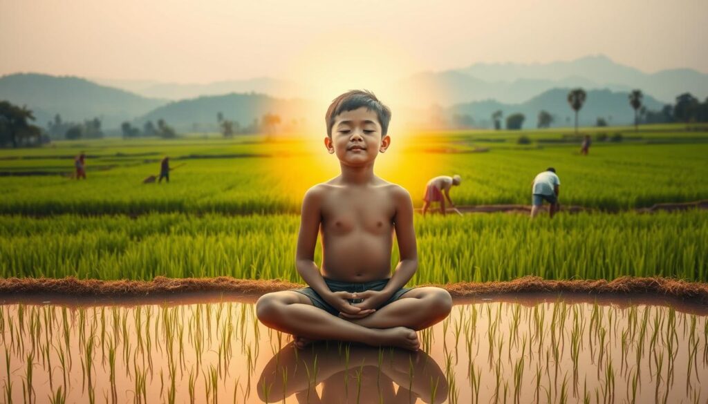 A serene, traditional farming landscape with a young boy at the center, surrounded by a vibrant aura. In the foreground, the boy sits cross-legged, his eyes closed in deep meditation, his face exuding an ethereal, calming presence. The middle ground features lush, verdant rice paddies, with farmers tending to the crops using traditional tools and methods. In the background, a backdrop of rolling hills and a tranquil, hazy sky, creating a sense of timelessness and connection to the land. The lighting is soft and diffused, casting a warm, golden glow over the entire scene, heightening the mystical, spiritual atmosphere. The overall composition and tone evoke a sense of wonder, introspection, and the profound, innate connection between the young boy and the traditional farming practices that sustain his community.