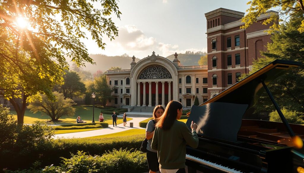 A tranquil, sun-dappled campus nestled in lush, verdant landscapes, showcasing the international music program. In the foreground, students gather around a grand piano, their fingers dancing across the keys, lost in the harmonious melodies. The middle ground features a state-of-the-art concert hall, its façade adorned with intricate architectural details, inviting visitors to experience the power of music. In the background, a towering library and practice rooms, where aspiring musicians refine their craft, their dedication reflected in the warm, golden light filtering through the windows. The scene conveys a sense of intellectual curiosity, artistic passion, and global connectivity, perfectly encapsulating the opportunities available for music scholarships and the pursuit of musical dreams.