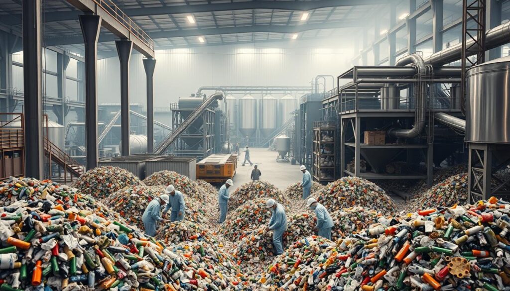 A vast industrial complex, its sleek metallic structures gleaming under soft, diffused lighting. In the foreground, workers in protective gear meticulously sort and process piles of discarded plastic waste, their movements choreographed with efficiency. The middle ground showcases advanced recycling equipment, shredding, melting, and reforming the plastic into new, sustainable materials. In the background, a network of conveyor belts and storage silos hint at the scale of this plastic waste management operation. The scene conveys a sense of order, innovation, and environmental responsibility - a visual representation of the vital role that industry plays in tackling Indonesia's plastic pollution crisis.