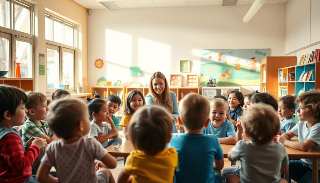 A warm and inviting classroom setting, filled with the vibrant energy of young learners. In the foreground, a group of children engaged in various educational activities, their faces alight with curiosity and wonder. Soft, natural lighting filters in through large windows, casting a serene glow over the scene. In the middle ground, a dedicated teacher guides the students, their nurturing presence fostering a sense of exploration and discovery. The background features colorful educational displays, shelves of books, and a vibrant mural depicting the joyful integration of early childhood education. The overall atmosphere radiates a sense of harmony, learning, and the boundless potential of young minds.
