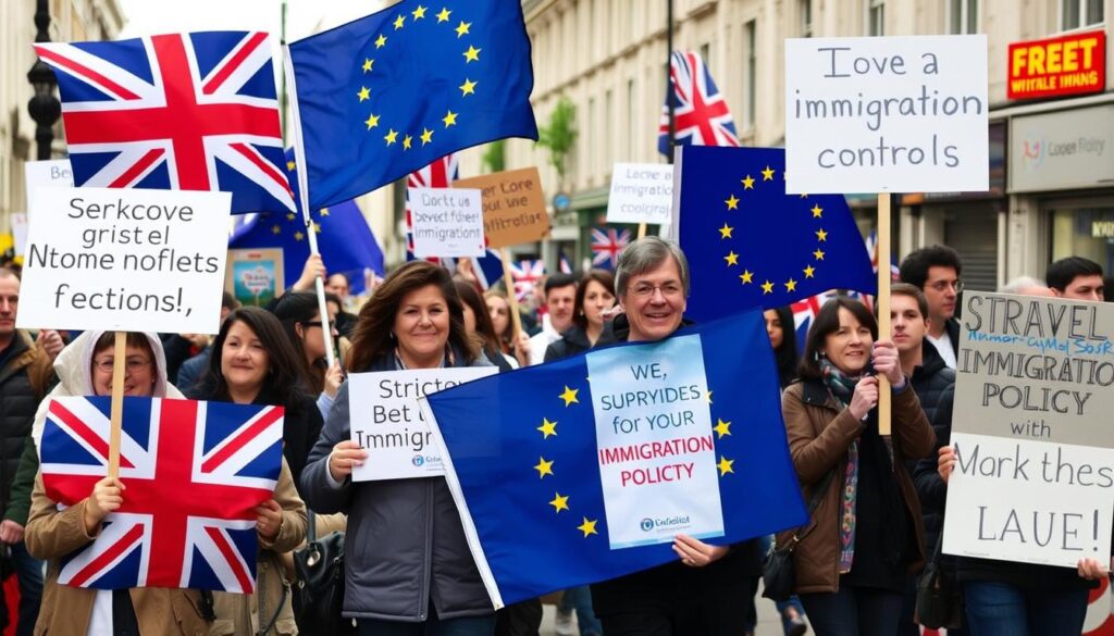 Brexit supporters and opponents demonstrating with signs about immigration policy