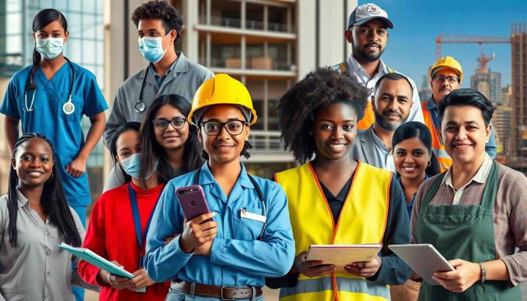 Diverse group of immigrants contributing to British society in various professional roles