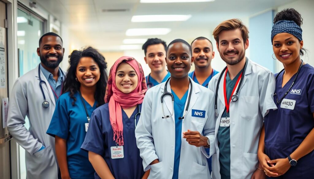 NHS healthcare workers from diverse backgrounds working in a UK hospital setting