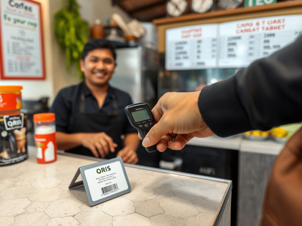 Penggunaan QRIS untuk transaksi pembayaran di warung kopi Penggunaan QRIS untuk transaksi pembayaran di warung kopi