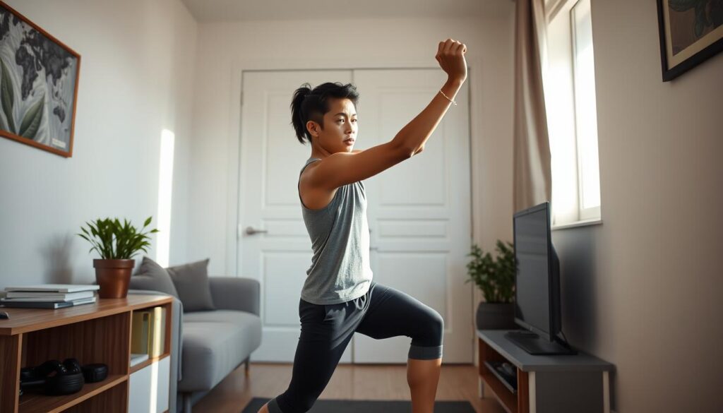 Seorang profesional melakukan latihan HIIT singkat di rumah sebelum bekerja Seorang profesional melakukan latihan HIIT singkat di rumah sebelum bekerja