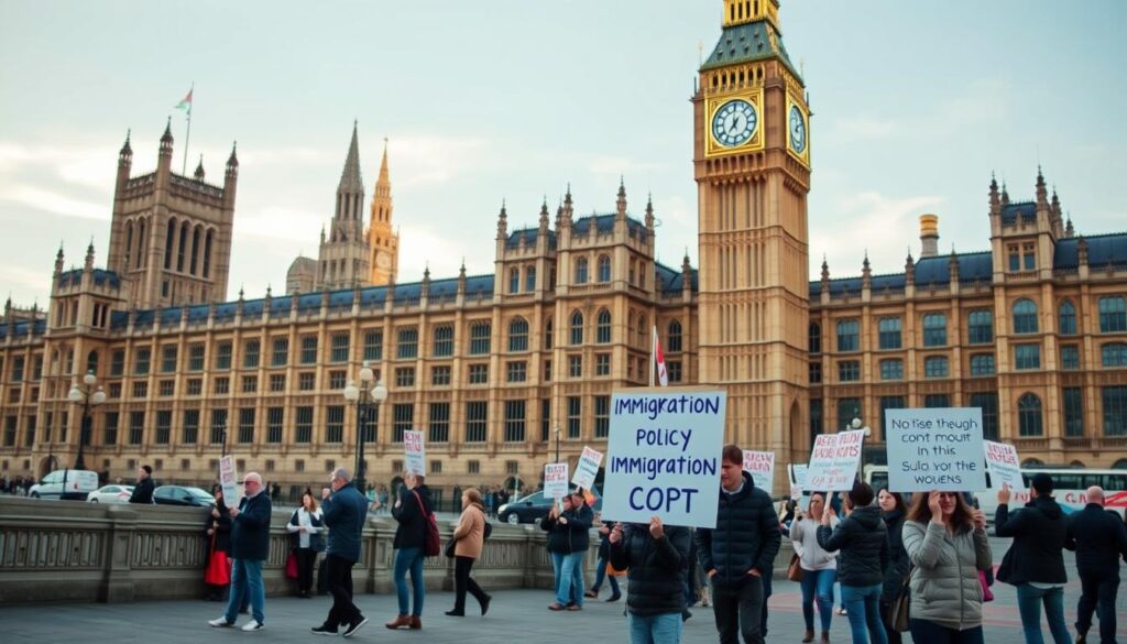 UK Parliament building with immigration policy protesters outside