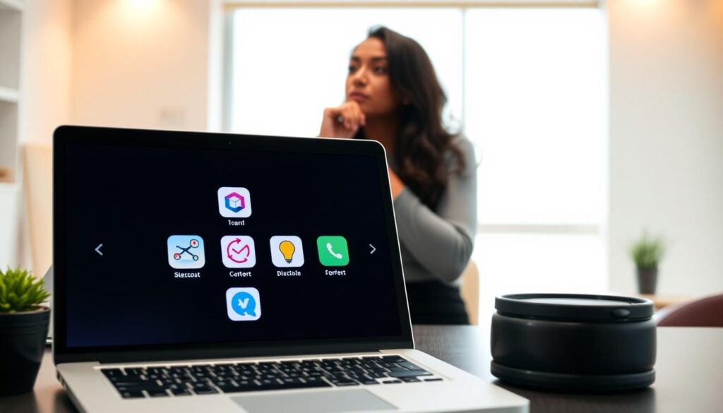 A bright, modern office setting with a clean, minimalist aesthetic. In the foreground, a sleek laptop displays various mobile app icons, representing different e-commerce platforms. In the middle ground, a person is carefully considering their options, hand on chin in a pensive pose. The background features clean lines, warm lighting, and a sense of focus and productivity. The overall mood is one of thoughtful decision-making, with a focus on finding the right digital platform to grow an online business.