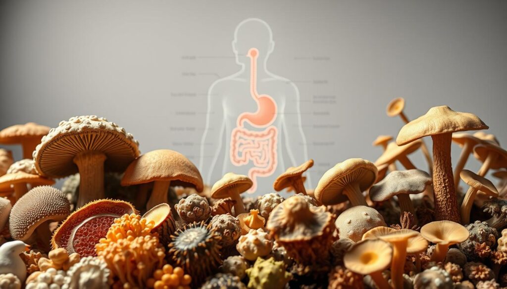 A detailed, scientifically-accurate illustration of the beneficial relationship between Ascomycota fungi and human health. In the foreground, a diverse array of Ascomycota species, their intricate spore structures and reproductive hyphae depicted with precision. In the middle ground, a cross-section of the human digestive system, highlighting the symbiotic role of Ascomycota in gut microbiome and nutrient absorption. In the background, a minimalist medical diagram showcasing Ascomycota's applications in pharmaceuticals, probiotics, and disease prevention. The scene is illuminated by a soft, natural lighting that conveys a sense of harmony between the fungal and human realms. Captured through a slightly elevated, wide-angle lens to emphasize the interconnectedness of these two biological domains.