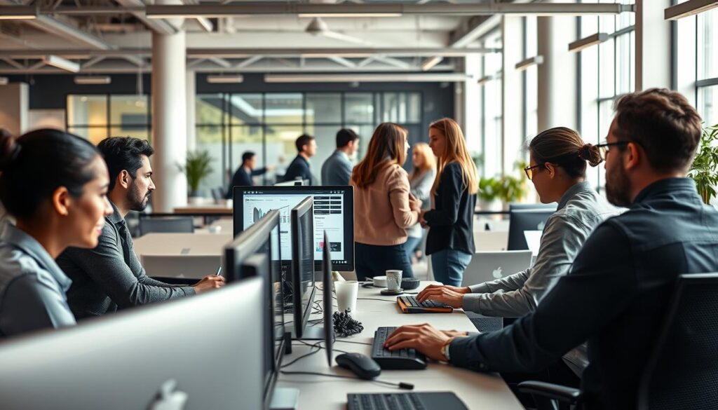 A dynamic, tech-savvy workplace with diverse career paths in computer systems. In the foreground, professionals collaborate at sleek, minimalist workstations, their faces focused on cutting-edge screens. In the middle ground, a team huddles around a large touchscreen display, mapping out project milestones. The background reveals an open-concept office filled with natural light, punctuated by geometric architectural elements and the faint glow of status indicators. The atmosphere is one of productivity, innovation, and a sense of possibility - the perfect setting to illustrate the broad career opportunities available to computer systems graduates.