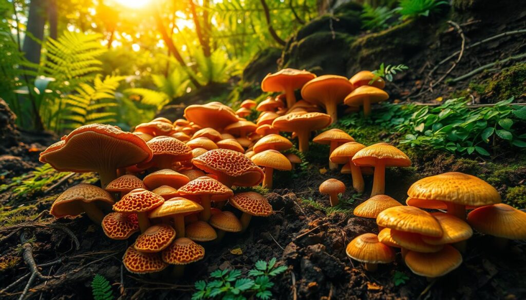 A lush, vibrant mushroom forest, illuminated by warm, golden light filtering through the canopy. In the foreground, clusters of Ascomycota fungi emerge from the rich, loamy soil, their caps unfurling to reveal intricate, honeycomb-like patterns. Mid-ground, a variety of edible Ascomycota species can be seen, their textures and colors ranging from velvety brown to vibrant orange. In the background, a verdant understory of ferns and mosses creates a sense of depth and lush abundance. The scene conveys the bounty and diversity of Ascomycota fungi as a valuable food source, captured with a sense of wonder and appreciation for the natural world.