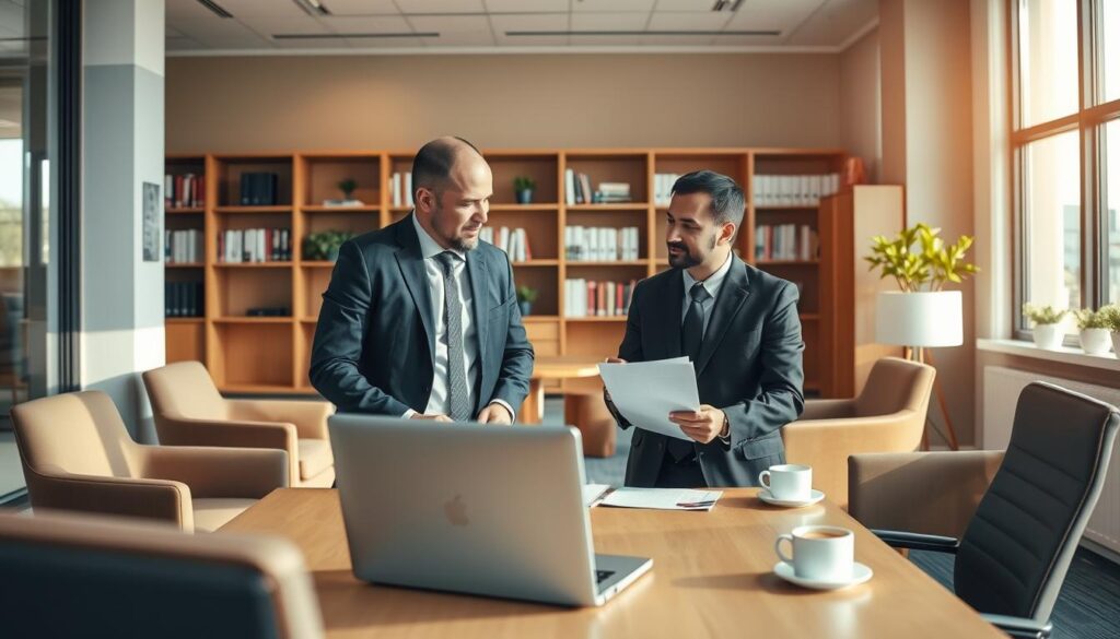 A modern, well-appointed office interior with a desk, comfortable chairs, and bookshelves in the background. On the desk, a laptop, papers, and a cup of coffee. In the foreground, two people engaged in a focused discussion, dressed in professional business attire. Warm, natural lighting filters through large windows, creating a welcoming and productive atmosphere. The scene conveys a sense of financial expertise, Islamic principles, and collaborative problem-solving.