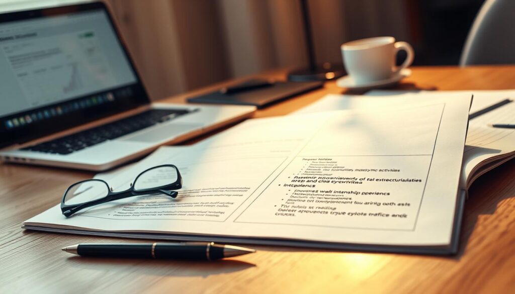 A neatly organized portfolio showcasing academic achievements, extracurricular activities, and internship experiences lies open on a wooden desk. The scene is bathed in warm, diffused lighting from a window, casting a soft glow on the pages. In the foreground, a pen and glasses sit next to the portfolio, hinting at the thoughtful preparation and attention to detail. The middle ground features a laptop and a cup of coffee, suggesting a focused, productive work environment. The background gently blurs, drawing the viewer's eye to the central elements - the portfolio, the tools of the trade, and the university student's strategic approach to building a strong foundation for their future career.