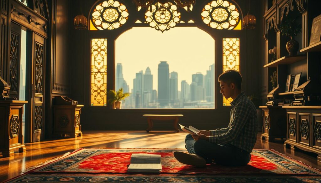 A serene, dimly lit interior space, bathed in warm, golden light filtering through ornate, stained-glass windows. In the foreground, a young Muslim entrepreneur sits cross-legged on a plush, ornate rug, poring over financial documents and ledgers, their face exuding a sense of focused determination. Elegant, hand-carved wooden furniture and shelves line the walls, adorned with Islamic calligraphic art and religious symbols, creating an atmosphere of thoughtful, spiritual contemplation. In the background, a view of a bustling city skyline through the windows, symbolizing the integration of faith and commerce. The scene conveys the essence of "Kewirausahaan Syariah" - the harmonious blending of Islamic principles and ethical entrepreneurship.