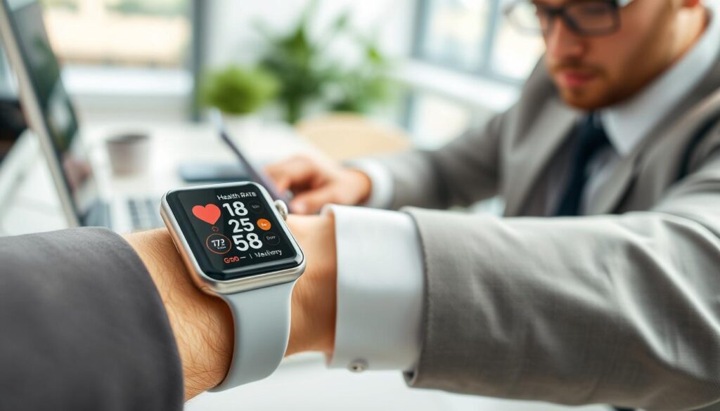 A close-up shot of an Apple Watch displaying health data on its screen, showcasing metrics like heart rate, steps taken, and calories burned. The watch is worn by a young professional in a stylish, tailored outfit, working at a desk with an iPhone nearby. The foreground captures the Apple Watch with a sharp focus, showcasing its sleek design while blurring out the background slightly. In the middle ground, the iPhone also displays health-related apps, emphasizing the connection between the devices. The background features a softly lit office environment, enhancing the focus on the devices. The overall mood is energetic and health-conscious, with bright, natural lighting highlighting the technology and promoting a sense of productivity and wellness. A close-up shot of an Apple Watch displaying health data on its screen, showcasing metrics like heart rate, steps taken, and calories burned. The watch is worn by a young professional in a stylish, tailored outfit, working at a desk with an iPhone nearby. The foreground captures the Apple Watch with a sharp focus, showcasing its sleek design while blurring out the background slightly. In the middle ground, the iPhone also displays health-related apps, emphasizing the connection between the devices. The background features a softly lit office environment, enhancing the focus on the devices. The overall mood is energetic and health-conscious, with bright, natural lighting highlighting the technology and promoting a sense of productivity and wellness.