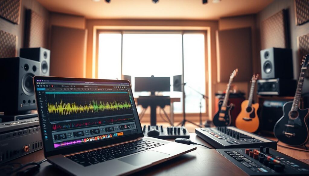 A modern and sleek music production workspace featuring advanced AI tools. In the foreground, a high-end laptop displays music software with vibrant waveforms and colorful sound samples. Surrounding the laptop are various professional-grade equipment like a digital audio interface, studio monitors, and a MIDI keyboard. In the middle ground, a large window lets in soft, warm natural light, creating an inviting atmosphere. The background shows soundproofed walls adorned with acoustic panels and a few musical instruments like a guitar and a microphone. The scene is set in a cozy, well-organized studio, evoking creativity and innovation in music production. The overall mood is inspiring and dynamic, highlighting the fusion of technology and artistry in music creation. A modern and sleek music production workspace featuring advanced AI tools. In the foreground, a high-end laptop displays music software with vibrant waveforms and colorful sound samples. Surrounding the laptop are various professional-grade equipment like a digital audio interface, studio monitors, and a MIDI keyboard. In the middle ground, a large window lets in soft, warm natural light, creating an inviting atmosphere. The background shows soundproofed walls adorned with acoustic panels and a few musical instruments like a guitar and a microphone. The scene is set in a cozy, well-organized studio, evoking creativity and innovation in music production. The overall mood is inspiring and dynamic, highlighting the fusion of technology and artistry in music creation.