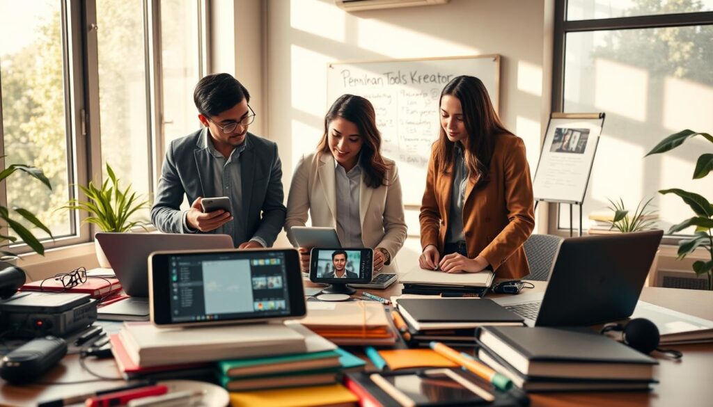 A modern workspace illustrating the theme of "Pemilihan Tools Kreator." In the foreground, a diverse group of three professionals in business attire, focused and engaged in discussion, surrounded by various digital tools and devices like tablets, laptops, and a smartphone displaying video editing software. The middle ground features a cluttered desk filled with colorful notebooks and a whiteboard with creative brainstorming notes. In the background, large windows allow warm, natural sunlight to filter in, casting soft shadows that enhance the inviting atmosphere. The scene conveys a sense of collaboration and innovation, emphasizing the importance of choosing the right AI tools for video and music production. The focus is sharp, creating a clear and engaging visual narrative. A modern workspace illustrating the theme of "Pemilihan Tools Kreator." In the foreground, a diverse group of three professionals in business attire, focused and engaged in discussion, surrounded by various digital tools and devices like tablets, laptops, and a smartphone displaying video editing software. The middle ground features a cluttered desk filled with colorful notebooks and a whiteboard with creative brainstorming notes. In the background, large windows allow warm, natural sunlight to filter in, casting soft shadows that enhance the inviting atmosphere. The scene conveys a sense of collaboration and innovation, emphasizing the importance of choosing the right AI tools for video and music production. The focus is sharp, creating a clear and engaging visual narrative.