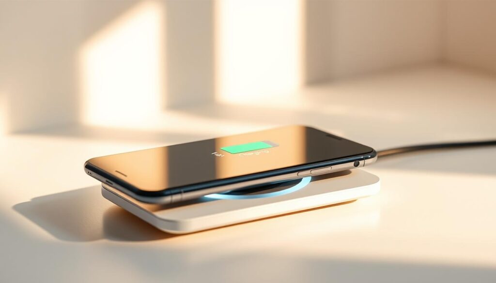 A sleek, modern smartphone being rapidly charged on a wireless charging pad, set against a clean, minimalist background. The phone's screen displays a battery icon rapidly filling up, emphasizing the "fast charging" capability. Soft, warm lighting illuminates the scene, casting a gentle glow on the device. The composition highlights the streamlined, futuristic design of the phone and charging pad, conveying a sense of technological advancement and efficiency. The overall mood is one of sophistication and effortless power. A sleek, modern smartphone being rapidly charged on a wireless charging pad, set against a clean, minimalist background. The phone's screen displays a battery icon rapidly filling up, emphasizing the "fast charging" capability. Soft, warm lighting illuminates the scene, casting a gentle glow on the device. The composition highlights the streamlined, futuristic design of the phone and charging pad, conveying a sense of technological advancement and efficiency. The overall mood is one of sophistication and effortless power.