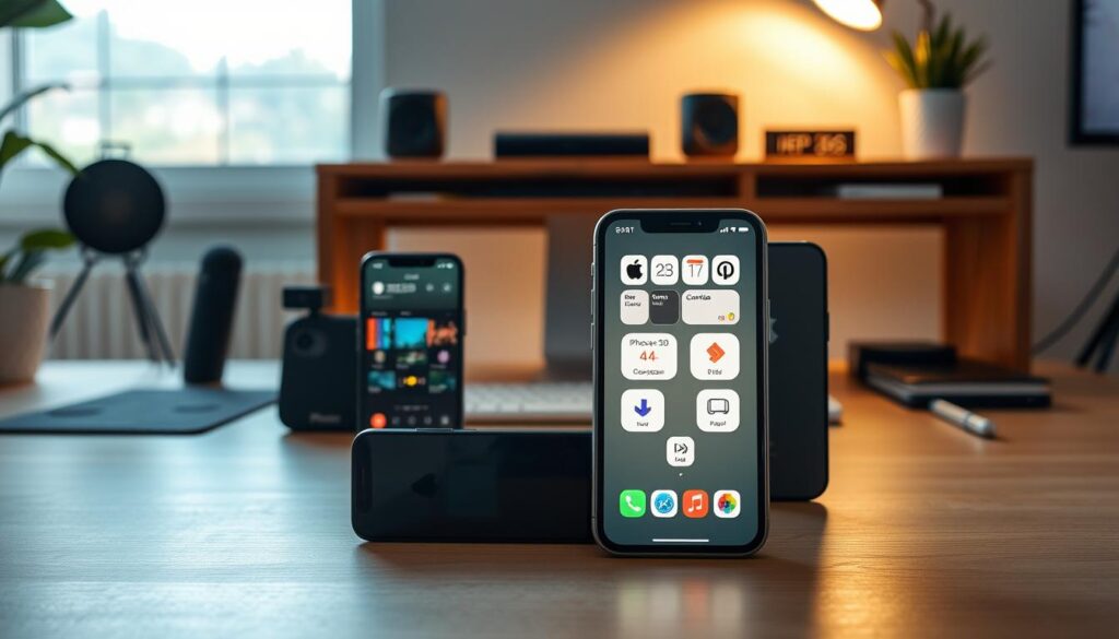 A sleek, modern workspace featuring various iPhone models, each showcasing unique features and compatibility icons. In the foreground, an iPhone 14 sits prominently, illuminated with a soft glow, displaying an app interface representative of gaming. Surrounding it are other models, like the iPhone 12 and iPhone SE, elegantly arranged to demonstrate comparison. The middle background includes a stylish wooden desk with subtle tech accessories, enhancing the high-tech ambiance. A gentle, natural light source from a window casts soft shadows, creating an inviting atmosphere. The overall mood is informative yet engaging, ideal for tech enthusiasts exploring compatibility features. The composition should be clean and professional, without any text or distractions. A sleek, modern workspace featuring various iPhone models, each showcasing unique features and compatibility icons. In the foreground, an iPhone 14 sits prominently, illuminated with a soft glow, displaying an app interface representative of gaming. Surrounding it are other models, like the iPhone 12 and iPhone SE, elegantly arranged to demonstrate comparison. The middle background includes a stylish wooden desk with subtle tech accessories, enhancing the high-tech ambiance. A gentle, natural light source from a window casts soft shadows, creating an inviting atmosphere. The overall mood is informative yet engaging, ideal for tech enthusiasts exploring compatibility features. The composition should be clean and professional, without any text or distractions.