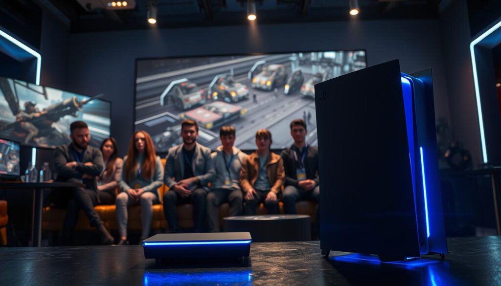 A dramatic scene showcasing a high-tech gaming environment, featuring a PlayStation 6 dev kit prominently in the foreground, illuminated by cool blue LED lights. The sleek design of the dev kit stands out against a backdrop of a modern gaming lounge, complete with an oversized screen displaying stunning graphics from a next-gen title. In the middle ground, a group of diverse gamers, dressed in professional casual attire, are intensely focused on the gameplay, their expressions conveying excitement and concentration. The lighting is dynamic, with a mix of ambient and spotlight effects highlighting the dev kit and creating a futuristic atmosphere. The overall mood is one of anticipation and innovation, capturing the essence of next-gen gaming performance. A dramatic scene showcasing a high-tech gaming environment, featuring a PlayStation 6 dev kit prominently in the foreground, illuminated by cool blue LED lights. The sleek design of the dev kit stands out against a backdrop of a modern gaming lounge, complete with an oversized screen displaying stunning graphics from a next-gen title. In the middle ground, a group of diverse gamers, dressed in professional casual attire, are intensely focused on the gameplay, their expressions conveying excitement and concentration. The lighting is dynamic, with a mix of ambient and spotlight effects highlighting the dev kit and creating a futuristic atmosphere. The overall mood is one of anticipation and innovation, capturing the essence of next-gen gaming performance.