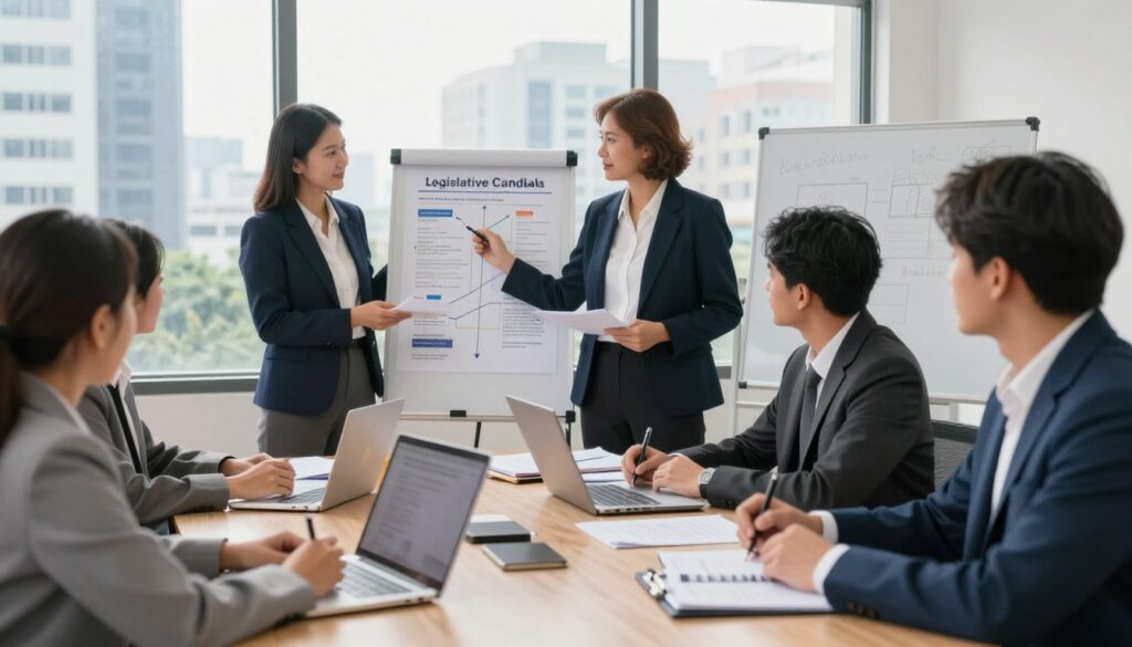 A dynamic scene depicting a diverse group of professional individuals engaged in a recruitment meeting for legislative candidates (caleg). In the foreground, a middle-aged woman in a smart blazer is presenting a strategy chart, while a young man in business attire listens attentively, taking notes. The middle ground features a round table cluttered with folders and laptops, symbolizing collaboration and organization. In the background, a large window reveals a bustling cityscape, bathed in soft morning light that illuminates the room, creating an atmosphere of optimism and determination. The overall mood is one of professionalism and strategic planning, highlighting the importance of transparency in the recruitment process. The image should be clear, well-composed, and vibrant, without any text or distractions.