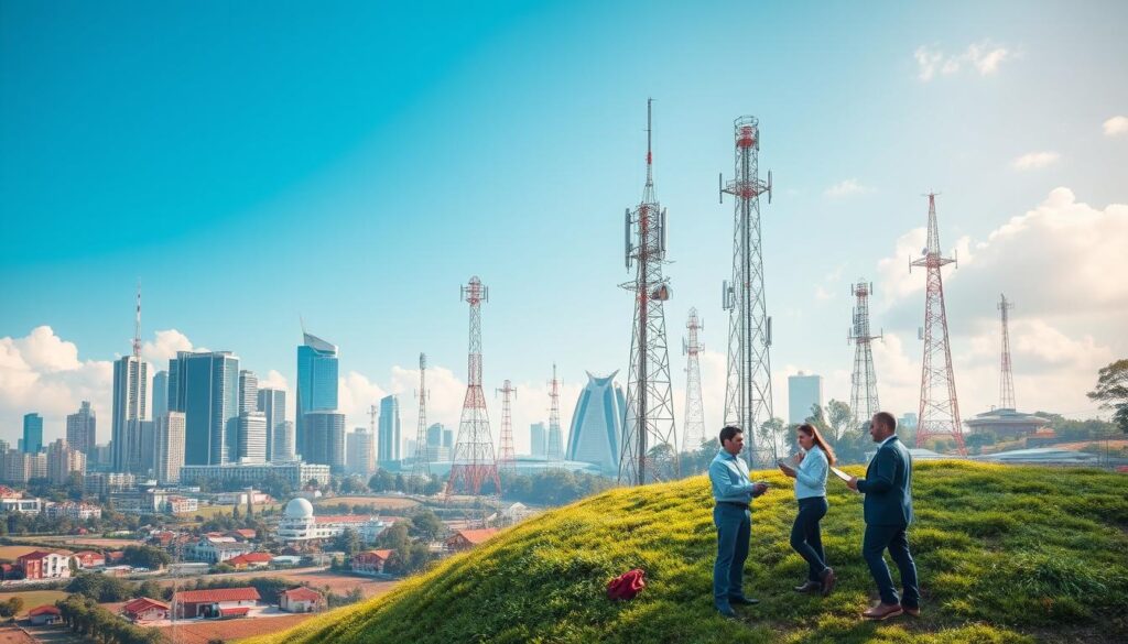 A dynamic urban and rural landscape showcasing the implementation of 5G and 4G networks. In the foreground, a small group of professionals dressed in business attire discuss technology on a lush green hill, holding digital devices. In the middle, blend urban structures like tall buildings and telecom towers with rural elements such as farms and small homes. Include visible 5G antenna installations alongside familiar 4G tower designs. The background features a clear blue sky, accentuated by soft clouds, with sunlight casting gentle shadows. The scene conveys a harmonious coexistence between modern technology and nature, emphasizing connectivity and progress in both urban and rural areas. The composition is balanced, highlighting the interaction of technology in diverse environments. A dynamic urban and rural landscape showcasing the implementation of 5G and 4G networks. In the foreground, a small group of professionals dressed in business attire discuss technology on a lush green hill, holding digital devices. In the middle, blend urban structures like tall buildings and telecom towers with rural elements such as farms and small homes. Include visible 5G antenna installations alongside familiar 4G tower designs. The background features a clear blue sky, accentuated by soft clouds, with sunlight casting gentle shadows. The scene conveys a harmonious coexistence between modern technology and nature, emphasizing connectivity and progress in both urban and rural areas. The composition is balanced, highlighting the interaction of technology in diverse environments.