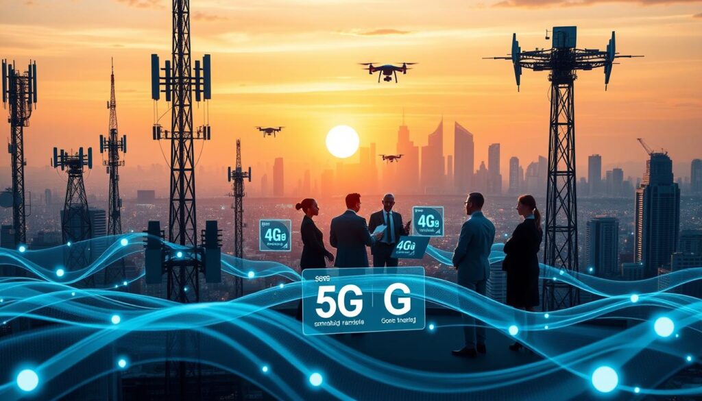 A futuristic telecommunications network transition depicting a vibrant 5G cityscape. In the foreground, sleek cell towers emitting bright signals, with dynamic waves representing wireless communication. The middle ground features a diverse group of professionals in business attire, discussing network plans around digital displays showcasing 5G and 4G statistics. The background reveals a city skyline dotted with advanced technology, including drones and smart city elements, under a sunset sky with warm hues. The lighting is soft yet focused, giving a hopeful and innovative atmosphere. The composition uses a wide-angle lens to capture both close details and the expansive cityscape, embodying the question of the future of 4G amidst the rise of 5G technology. A futuristic telecommunications network transition depicting a vibrant 5G cityscape. In the foreground, sleek cell towers emitting bright signals, with dynamic waves representing wireless communication. The middle ground features a diverse group of professionals in business attire, discussing network plans around digital displays showcasing 5G and 4G statistics. The background reveals a city skyline dotted with advanced technology, including drones and smart city elements, under a sunset sky with warm hues. The lighting is soft yet focused, giving a hopeful and innovative atmosphere. The composition uses a wide-angle lens to capture both close details and the expansive cityscape, embodying the question of the future of 4G amidst the rise of 5G technology.