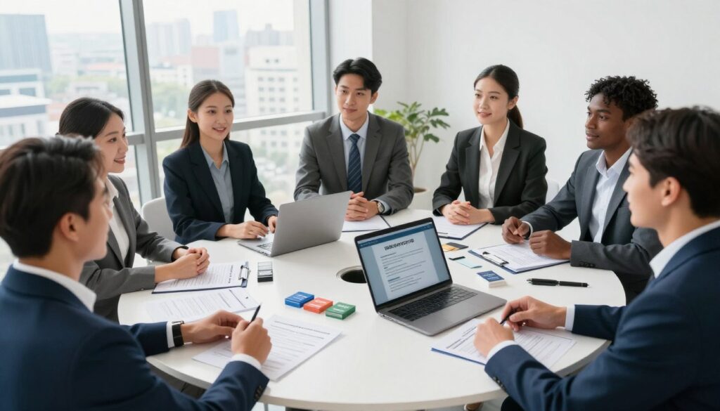 A professional recruitment scene showcasing a group of well-dressed candidates gathered in a bright, modern office space. In the foreground, a diverse selection of individuals in business attire (suits and formal dresses) engaged in a discussion, exuding enthusiasm and determination. In the middle ground, a round table filled with résumé documents, business cards, and a laptop displaying presentation slides about recruitment strategies. The background features large windows with a cityscape view, allowing natural light to flood the room, creating a warm and inviting atmosphere. The overall mood is dynamic and hopeful, highlighting the excitement and intensity of the recruitment process. The camera angle is slightly tilted to capture both the candidates' expressions and the vibrant workspace effectively.