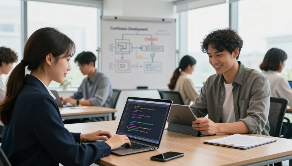 A serene modern office environment showcasing a diverse group of professionals engaged in a collaborative coding session. In the foreground, a focused woman in smart business attire is refactoring code on a laptop, her screen displaying complex algorithms with colorful syntax highlighting. Beside her, a man in casual business clothing is testing the application using an automated tool displayed on a tablet, with a satisfied expression. In the middle ground, a whiteboard filled with architectural diagrams and process flows illustrates the concept of continuous development. The background features soft natural lighting coming through large windows, creating an inspiring and innovative atmosphere. The scene conveys a sense of teamwork, progress, and the integration of AI technology in software development.