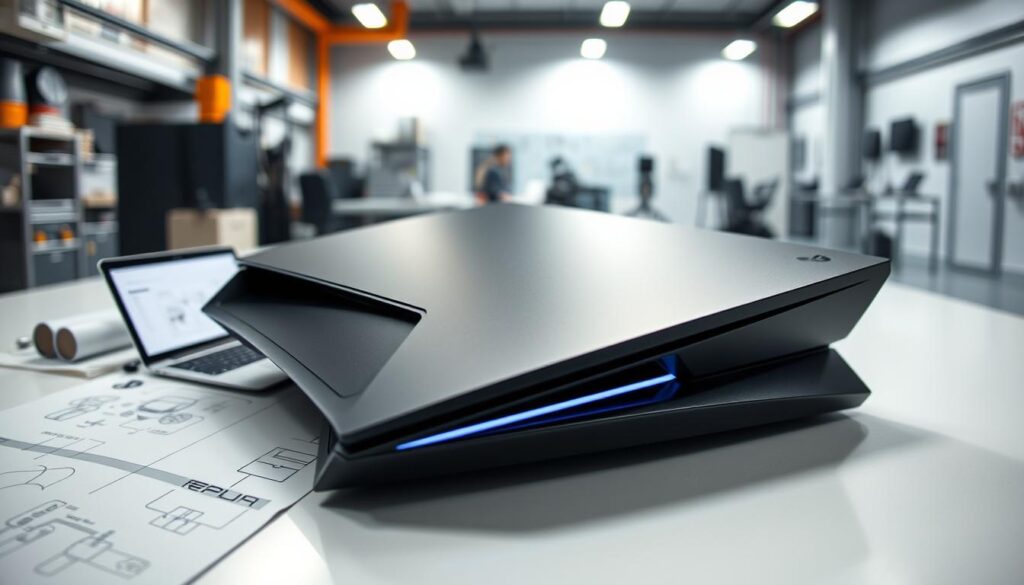 A sleek and modern PlayStation 6 dev kit resting on a minimalist industrial workspace, designed specifically for the Indonesian market. The foreground includes detailed features of the console, showcasing its unique form factor with sharp edges and a matte black finish, illuminated by subtle LED lights. The middle ground features sketches and blueprints scattered around, highlighting the design process, along with a laptop displaying technical specifications. In the background, soft-focus elements like a clean, high-tech workspace with gentle overhead lighting evoke an innovative atmosphere. The lens captures the composition from a slightly elevated angle, conveying a sense of depth and professionalism. The overall mood is energetic and focused, reflecting the cutting-edge design and manufacturing timeline. A sleek and modern PlayStation 6 dev kit resting on a minimalist industrial workspace, designed specifically for the Indonesian market. The foreground includes detailed features of the console, showcasing its unique form factor with sharp edges and a matte black finish, illuminated by subtle LED lights. The middle ground features sketches and blueprints scattered around, highlighting the design process, along with a laptop displaying technical specifications. In the background, soft-focus elements like a clean, high-tech workspace with gentle overhead lighting evoke an innovative atmosphere. The lens captures the composition from a slightly elevated angle, conveying a sense of depth and professionalism. The overall mood is energetic and focused, reflecting the cutting-edge design and manufacturing timeline.