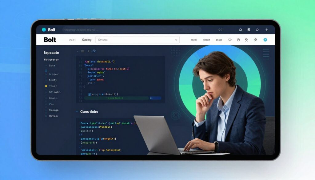 A sleek and modern browser interface showcasing the "Bolt" coding tool prominently in the foreground. The user interface displays vibrant coding snippets and elegant graphics representing code in real-time. In the middle, a focused user, dressed in professional business attire, is thoughtfully engaging with the tool, contemplating lines of code. The background features a soft gradient of blues and greens, symbolizing innovation and technology, with abstract digital elements subtly integrated to evoke a tech-savvy environment. The lighting is bright yet soft, creating an inspiring atmosphere that encourages productivity. The image should capture a moment of creativity and focus without any text, overlays, or distractions, highlighting the efficiency of coding within a browser environment.