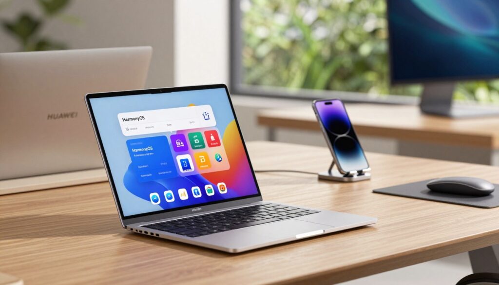 A sleek, modern workspace featuring a high-tech Huawei device displaying a vibrant HarmonyOS interface. In the foreground, focus on the device's screen showcasing colorful app icons and a user-friendly layout. The middle layer features an elegant wooden desk with a minimalistic design, complemented by stylish accessories such as a smartphone stand and wireless charger. The background includes soft, ambient lighting, with a window revealing a lush green outdoor scene, enhancing the atmosphere of innovation and productivity. The composition should capture a sense of efficiency and modernity, appealing to tech-savvy users seeking optimal settings in HarmonyOS. The overall mood is bright, inviting, and professional, showcasing the essence of a well-organized digital ecosystem.